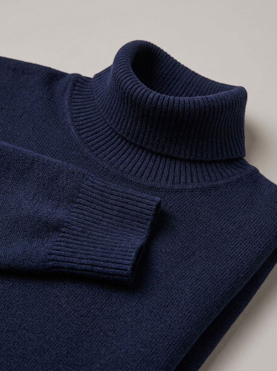 CECILIO jersey azul marino - detalle del cuello alto y puño