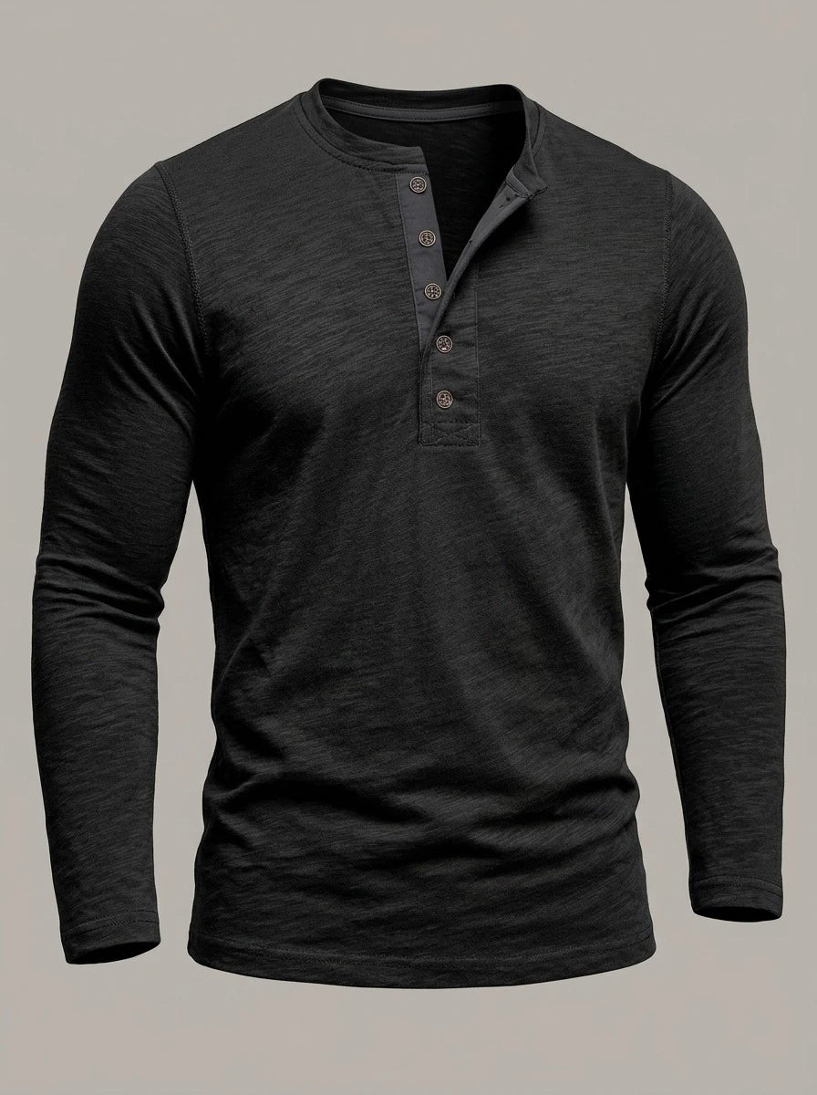 ASIER - Camiseta henley ajustada de manga larga - Negro
