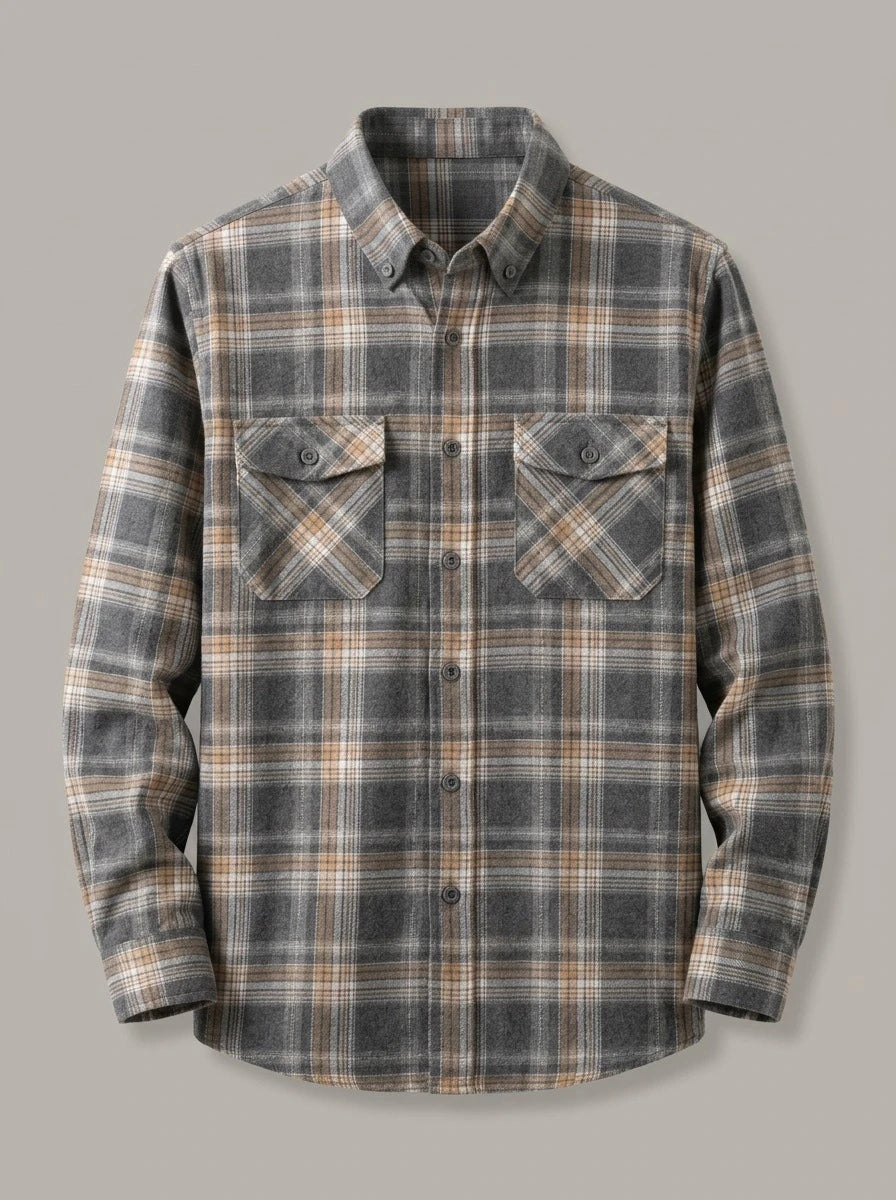 TXEMA - Sobrecamisa de franela de algodón - Cuadros gris y mostaza