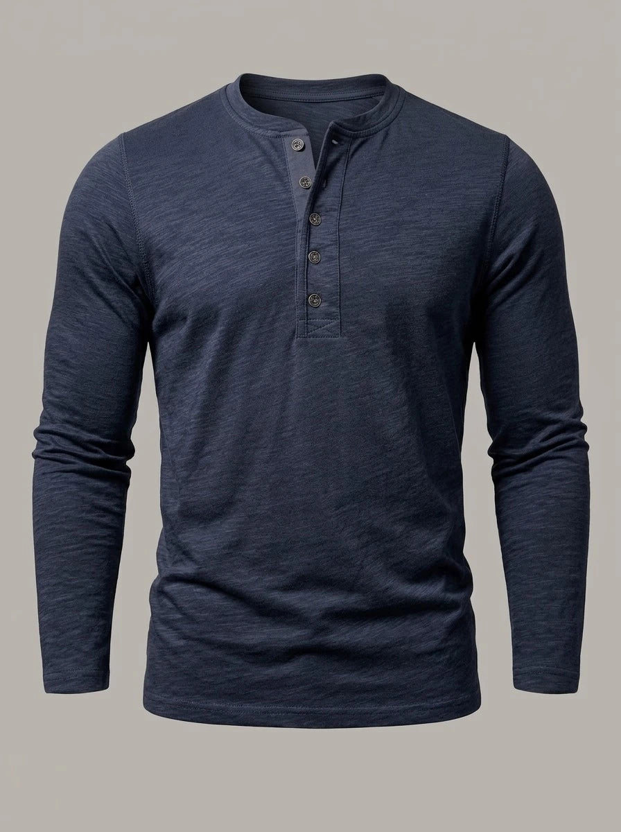 ASIER - Camiseta henley ajustada de manga larga - Azul marino