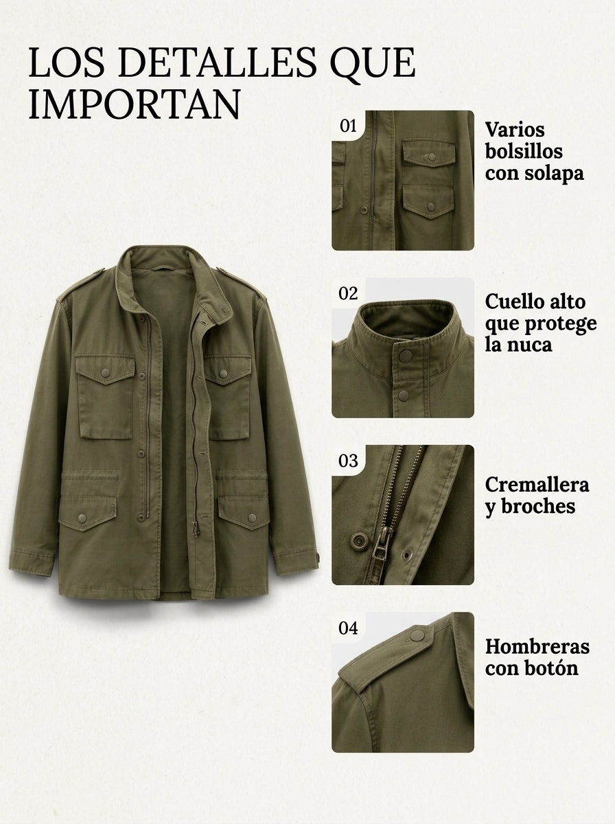 Detalles de la chaqueta de campo Alfredo: bolsillos con solapa, cuello alto, cremallera y broches, y hombreras con botón