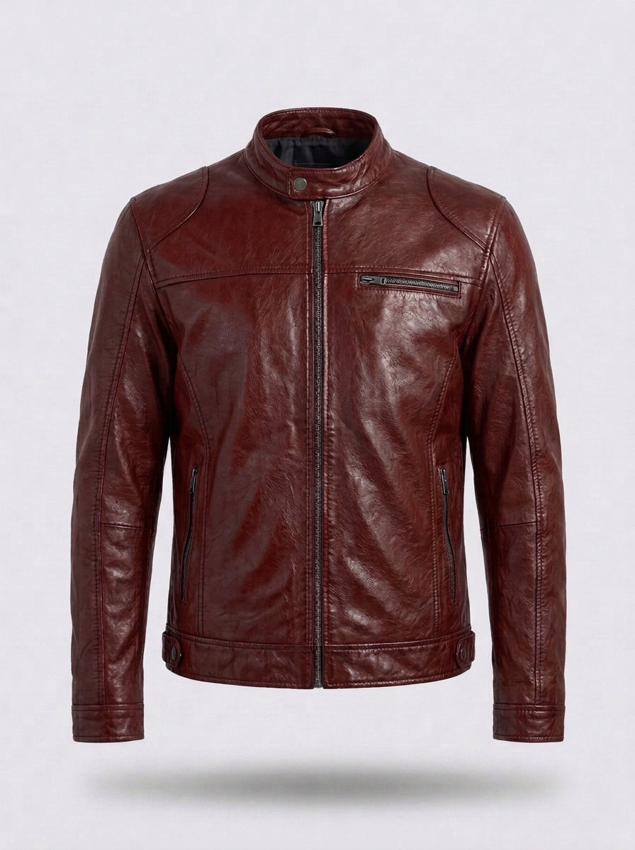 Chaqueta motera efecto piel RAFAEL ÁNGEL en color rojo borgoña
