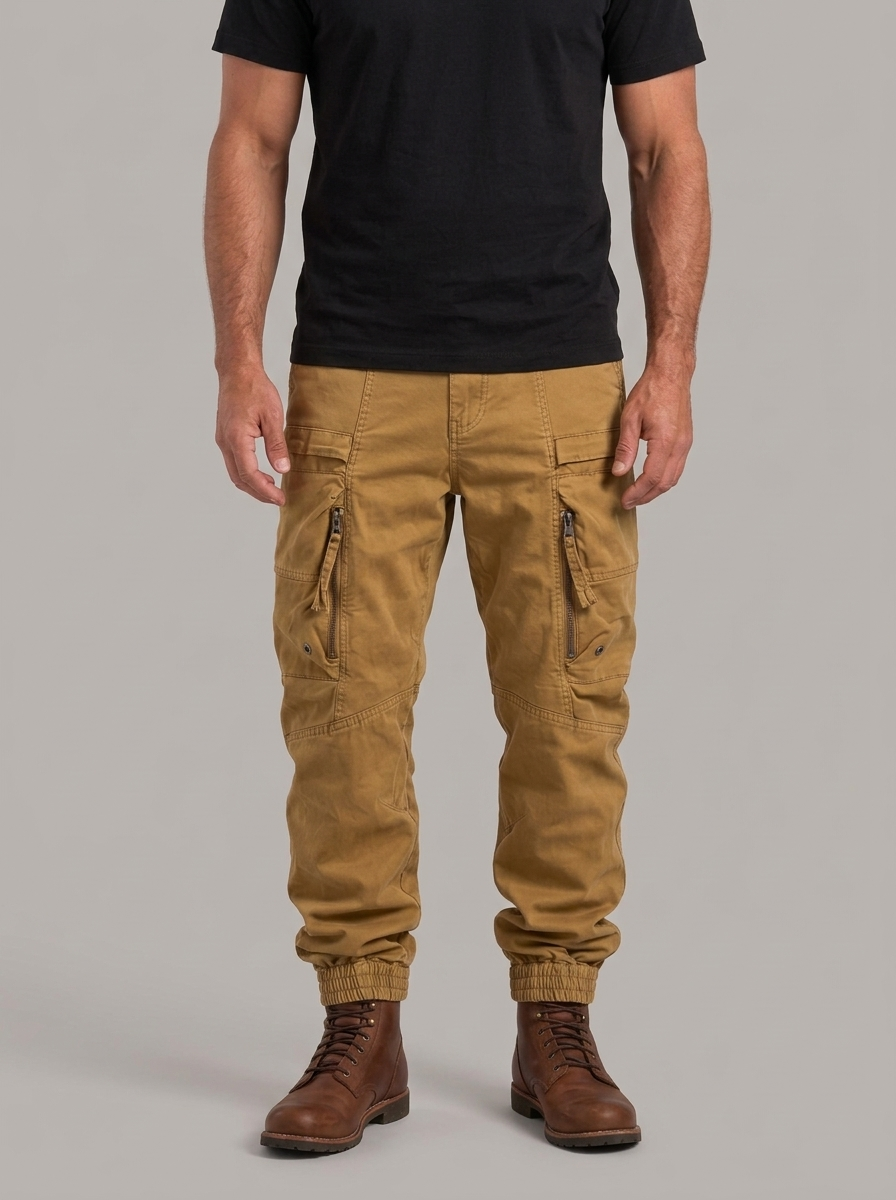 GREGORIO pantalón cargo camel, cuerpo entero con modelo