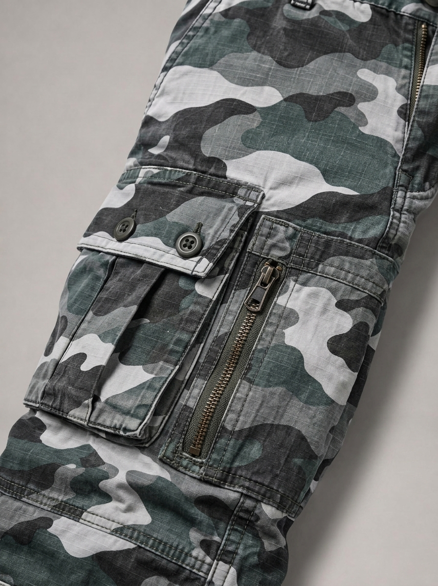 BERNARDO pantalón cargo camuflaje azul, detalle del bolsillo