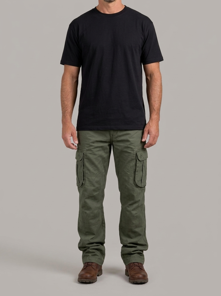 PASCUAL pantalón de seis bolsillos verde militar, cuerpo entero con modelo