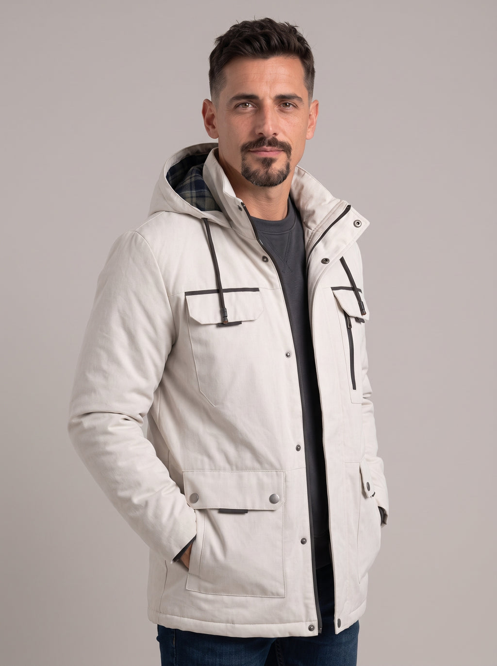 IAGO parka multibolsillos con capucha blanco seda - frente